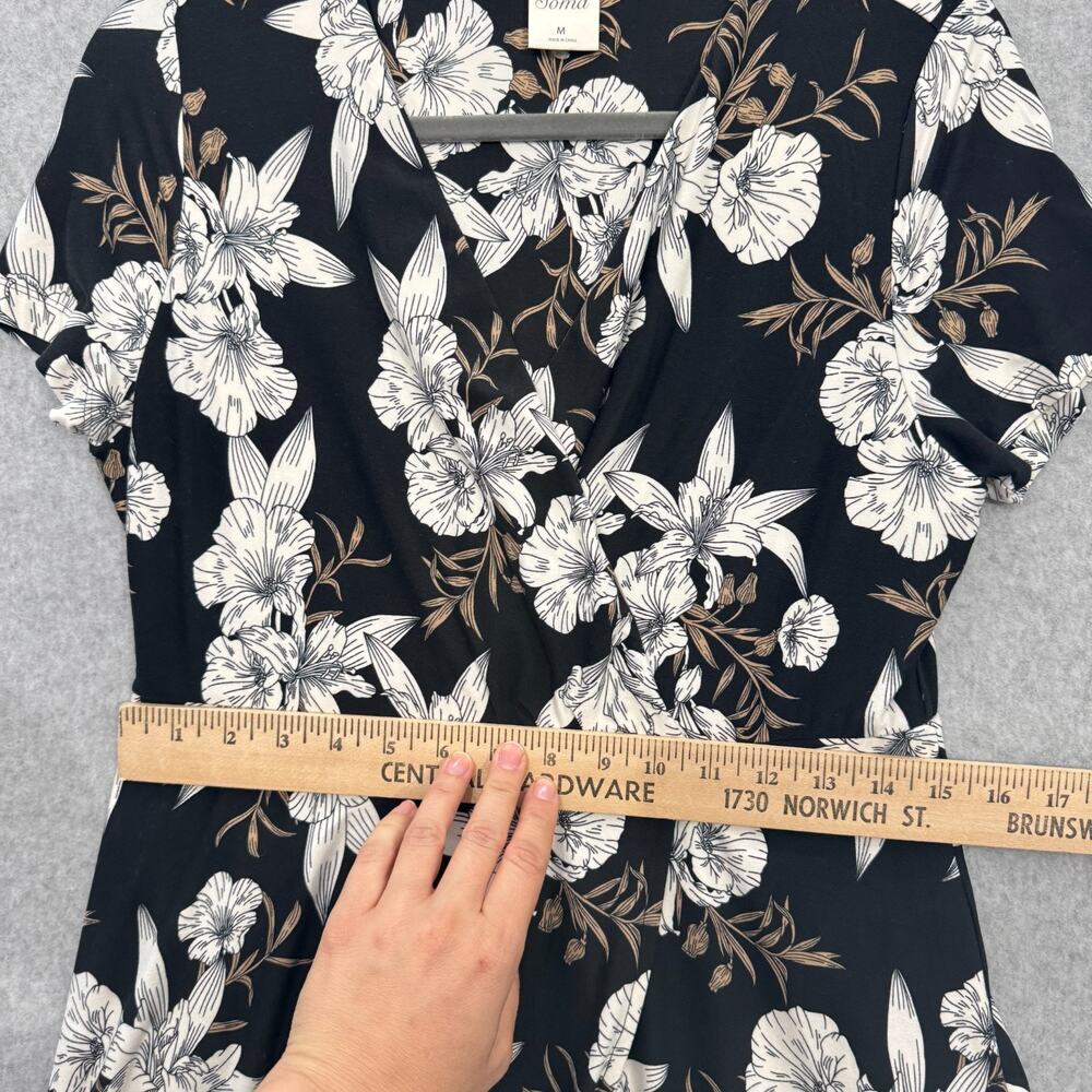 Soma Tropical Floral Mock Wrap Dress Size M Black White Soft Knit Coastal Beach - Picture 9 of 12